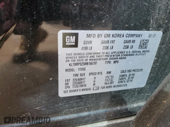 2021 Chevrolet TrailBlazer LT with VIN KL79MPS25MB166797, listed as a Copart auction lot 49880154 with 58,439 mi miles and . Bid and sale history available at DreamBid. Image 12.