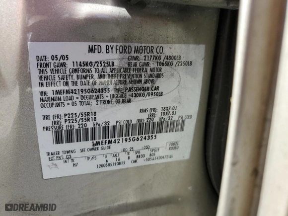 2005 Mercury Montego Premier with VIN 1MEFM42195G624355, listed as a Copart auction lot 78542964 with 0 mi miles and Salvage Title. Bid and sale history available at carsss.com. Image 12.