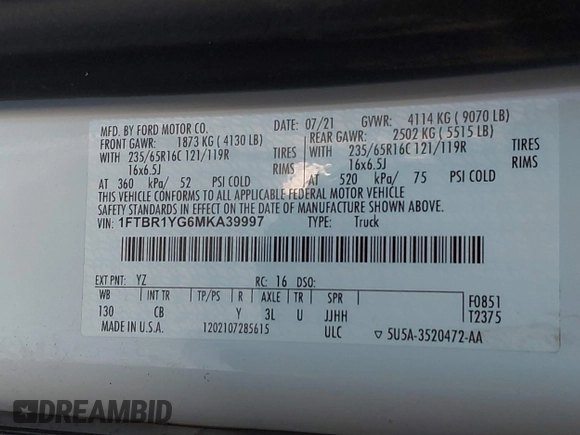 2021 Ford Transit with VIN 1FTBR1YG6MKA39997, listed as a IAAI auction lot 42228463 with 38,559 mi miles and . Bid and sale history available at DreamBid. Image 9.