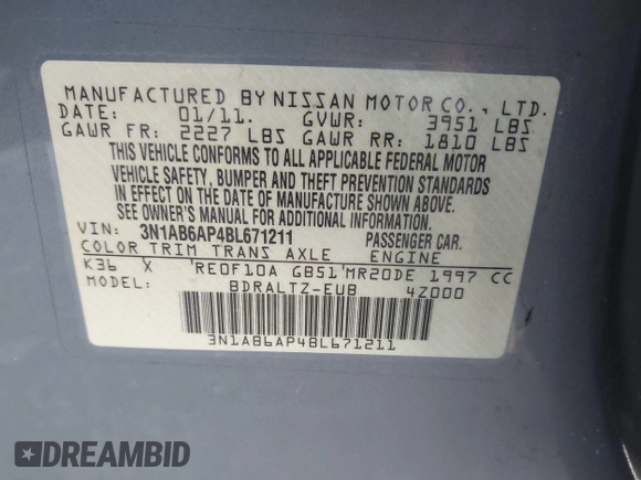 2011 Nissan Sentra SR with VIN 3N1AB6AP4BL671211, listed as a IAAI auction lot 42682056 with 161,642 mi miles and . Bid and sale history available at DreamBid. Image 9.