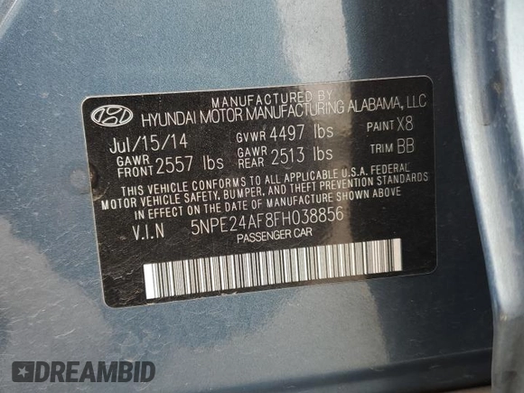 2015 Hyundai Sonata 2.4L SE with VIN 5NPE24AF8FH038856, listed as a Copart auction lot 54543965 with 206,522 mi miles and Salvage Title. Bid and sale history available at carsss.com. Image 12.