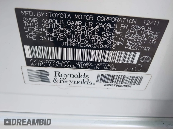 2012 Lexus ES 330 z VIN JTHBK1EG9C2484918, wystawiony jako IAAI lot #41600345 z przebiegiem 173 454 mil mil oraz . Historia ofert i sprzedaży dostępna na DreamBid. Obrazek 9.