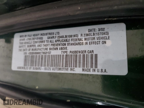2002 Subaru Legacy Outback VDC z VIN 4S3BH896627653157, wystawiony jako Copart lot #49981775 z przebiegiem 265 573 mil mil oraz Czysty tytuł • Clean title. Historia ofert i sprzedaży dostępna na DreamBid. Obrazek 12.