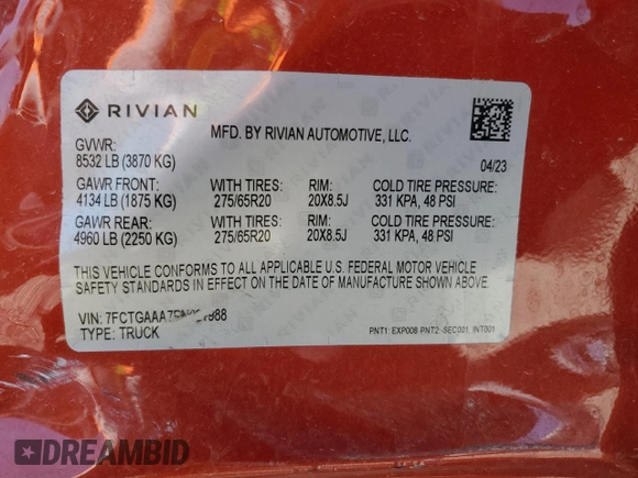 2023 Rivian R1T Adventure z VIN 7FCTGAAA7PN021988, wystawiony jako Copart lot #47435875 z przebiegiem Nie podano mil oraz Szkoda całkowita • Salvage title. Historia ofert i sprzedaży dostępna na DreamBid. Obrazek 12.