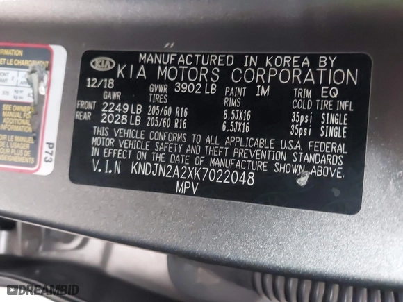 2019 Kia Soul with VIN KNDJN2A2XK7022048, listed as a IAAI auction lot 42065621 with 124,293 mi miles. Bid and sale history available at carsss.com. Image 9.