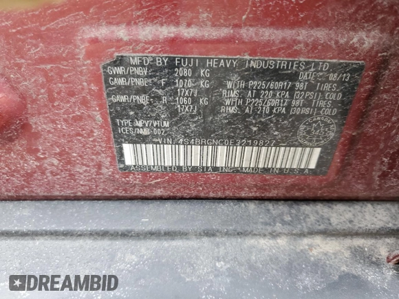 2014 Subaru Outback with VIN 4S4BRGNC0E3219827, listed as a Copart auction lot 47068425 with 356,986 mi miles and Salvage title. Bid and sale history available at DreamBid. Image 13.