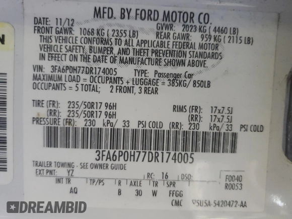 2013 Ford Fusion SE with VIN 3FA6P0H77DR174005, listed as a Copart auction lot 52814645 with 167,406 mi miles and Salvage title. Bid and sale history available at DreamBid. Image 14.