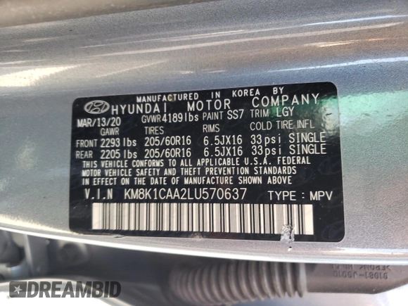 2020 Hyundai Kona SE with VIN KM8K1CAA2LU570637, listed as a Copart auction lot 50371372 with 0 mi miles. Bid and sale history available at carsss.com. Image 10.