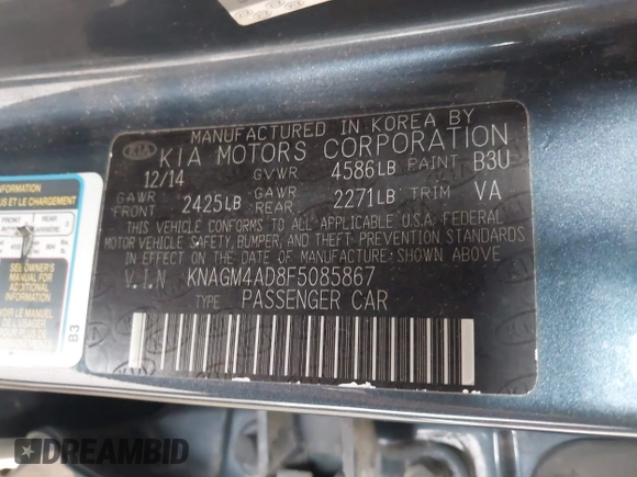 2015 Kia Optima with VIN KNAGM4AD8F5085867, listed as a IAAI auction lot 42418366 with 147,750 mi miles and . Bid and sale history available at DreamBid. Image 9.