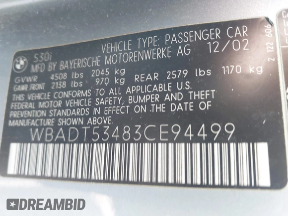 2003 BMW 5 Series 530i with VIN WBADT53483CE94499, listed as a IAAI auction lot 41957118 with 1 mi miles. Bid and sale history available at carsss.com. Image 9.