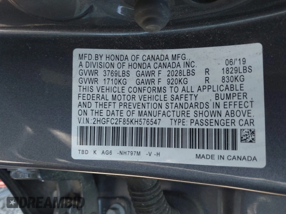 2019 Honda Civic Sport with VIN 2HGFC2F85KH576547, listed as a IAAI auction lot 42024497 with 86,468 mi miles and . Bid and sale history available at DreamBid. Image 9.