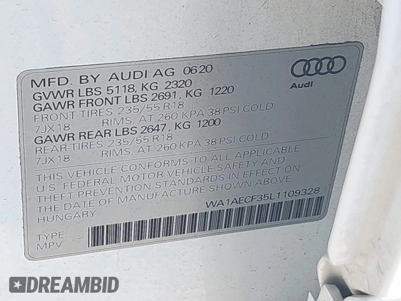 2020 Audi Q3 Premium with VIN WA1AECF35L1109328, listed as a IAAI auction lot 42305831 with 49,820 mi miles and . Bid and sale history available at DreamBid. Image 9.