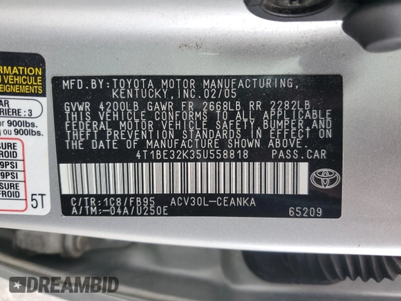 2005 Toyota Camry STD z VIN 4T1BE32K35U558818, wystawiony jako Copart lot #56023365 z przebiegiem 109 917 mil mil oraz Szkoda całkowita • Salvage title. Historia ofert i sprzedaży dostępna na DreamBid. Obrazek 12.