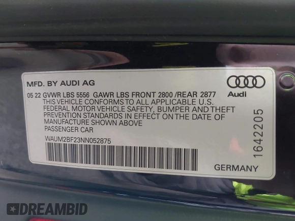 2022 Audi A6 Prestige with VIN WAUM2BF23NN052875, listed as a IAAI auction lot 41978928 with 36,104 mi miles. Bid and sale history available at carsss.com. Image 9.