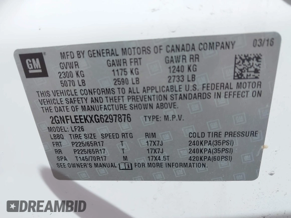 2016 Chevrolet Equinox LS with VIN 2GNFLEEKXG6297876, listed as a IAAI auction lot 41880504 with 121,716 mi miles. Bid and sale history available at carsss.com. Image 9.