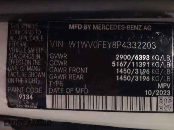 2023 Mercedes-Benz Metris with VIN W1WV0FEY8P4332203, listed as a IAAI auction lot 41510870 with 8,203 mi miles and . Bid and sale history available at DreamBid. Image 9.