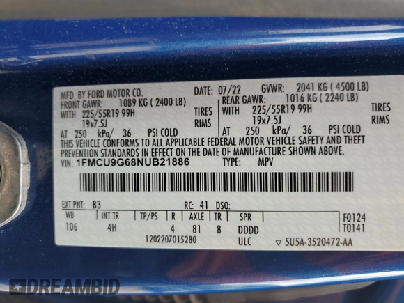 2022 Ford Escape SE with VIN 1FMCU9G68NUB21886, listed as a Copart auction lot 57809415 with 76,186 mi miles and Salvage title. Bid and sale history available at DreamBid. Image 12.