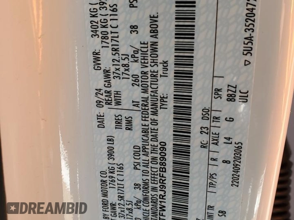 2024 Ford F-150 Raptor with VIN 1FTFW1RJ9RFB89090, listed as a Copart auction lot 43642975 with 5,164 mi miles and Salvage Title. Bid and sale history available at DreamBid. Image 14.