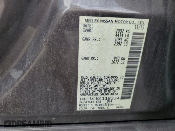 2016 Nissan Altima SR with VIN 1N4BL3AP5GC118234, listed as a Copart auction lot 72992014 with 162,376 mi miles and Salvage Title. Bid and sale history available at carsss.com. Image 12.