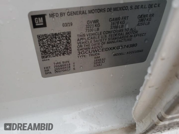 2019 Chevrolet Silverado 1500 LT with VIN 3GCUWCEDXKG174380, listed as a Copart auction lot 72009424 with 66,806 mi miles and Salvage Title. Bid and sale history available at DreamBid. Image 12.