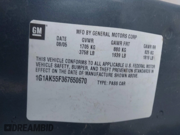 2006 Chevrolet Cobalt with VIN 1G1AK55S367650670, listed as a IAAI auction lot 41344825 with 227,779 mi miles and . Bid and sale history available at DreamBid. Image 9.