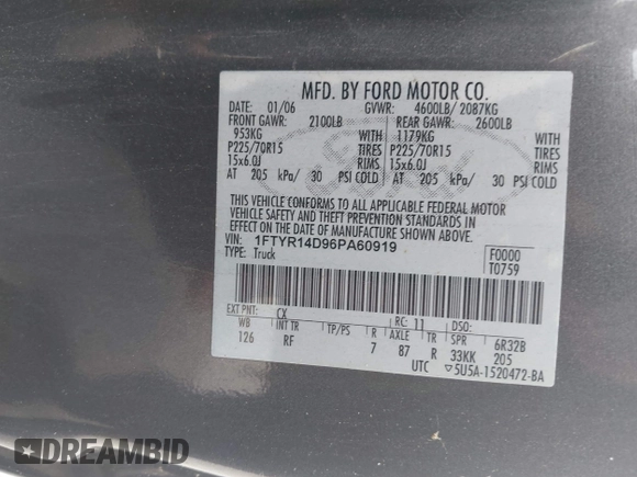 2006 Ford Ranger XL with VIN 1FTYR14D96PA60919, listed as a IAAI auction lot 42522191 with 170,328 mi miles and . Bid and sale history available at DreamBid. Image 9.