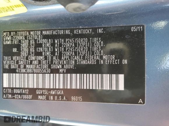 2011 Toyota Venza z VIN 4T3BK3BB7BU055630, wystawiony jako Copart lot #53675945 z przebiegiem 126 730 mil mil oraz Szkoda całkowita • Salvage title. Historia ofert i sprzedaży dostępna na DreamBid. Obrazek 15.