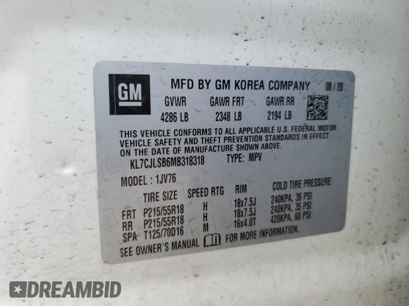 2021 Chevrolet Trax LT with VIN KL7CJLSB6MB318318, listed as a Copart auction lot 61654885 with 75,854 mi miles and Salvage title. Bid and sale history available at DreamBid. Image 13.