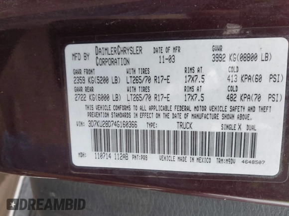 2004 Dodge 2500 SLT with VIN 3D7KU28D74G160366, listed as a IAAI auction lot 41982570 with 206,120 mi miles and . Bid and sale history available at DreamBid. Image 9.