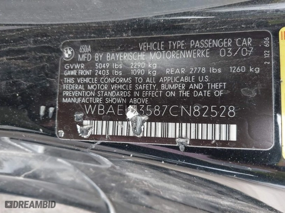 2007 BMW 6 Series 650i with VIN WBAEK13587CN82528, listed as a IAAI auction lot 41906164 with NaN miles. Bid and sale history available at carsss.com. Image 9.