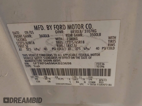 2006 Ford F-150 XLT with VIN 1FTRF04596KB23658, listed as a IAAI auction lot 42229212 with 199,195 mi miles and . Bid and sale history available at DreamBid. Image 9.
