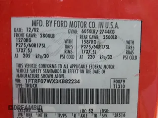 2003 Ford F-150 XL с VIN 1FTRF07WX3KB82234, выставлен на аукционе Copart как лот 43470425 с пробегом 147 129 миль миль и Списание • Salvage title. История ставок и продаж доступна на DreamBid. Изображение 12.