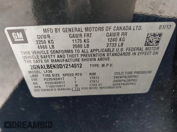 2013 Chevrolet Equinox LS z VIN 2GNALBEK0D1214912, wystawiony jako IAAI lot #41732125 z przebiegiem 215 874 mil mil oraz . Historia ofert i sprzedaży dostępna na DreamBid. Obrazek 9.
