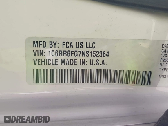 2022 Ram 1500 Tradesman with VIN 1C6RR6FG7NS152364, listed as a IAAI auction lot 38275780 with Not provided miles and . Bid and sale history available at DreamBid. Image 9.