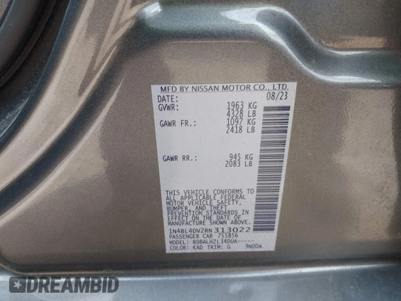 2024 Nissan Altima SV with VIN 1N4BL4DV2RN313022, listed as a IAAI auction lot 42431572 with 40,410 mi miles and . Bid and sale history available at DreamBid. Image 9.