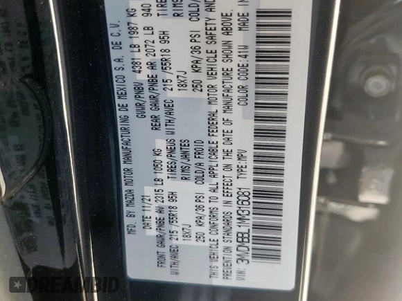 2021 Mazda CX-30 Select z VIN 3MVDMBBL1MM316081, wystawiony jako Copart lot #59577265 z przebiegiem 26 841 mil mil oraz Szkoda całkowita • Salvage title. Historia ofert i sprzedaży dostępna na DreamBid. Obrazek 13.