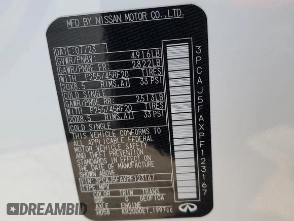 2023 Infiniti QX50 Sport with VIN 3PCAJ5FAXPF123167, listed as a Copart auction lot 89006135 with 22,493 mi miles and Salvage title. Bid and sale history available at DreamBid. Image 13.