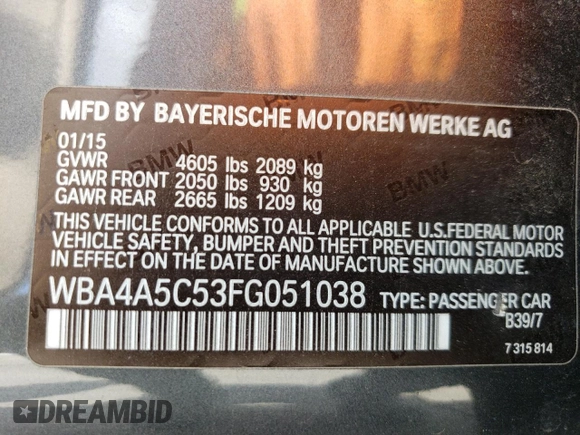 2015 BMW 4 Series 428i z VIN WBA4A5C53FG051038, wystawiony jako Copart lot #54909705 z przebiegiem 101 536 mil mil oraz Nie do naprawy • Non repairable. Historia ofert i sprzedaży dostępna na DreamBid. Obrazek 13.