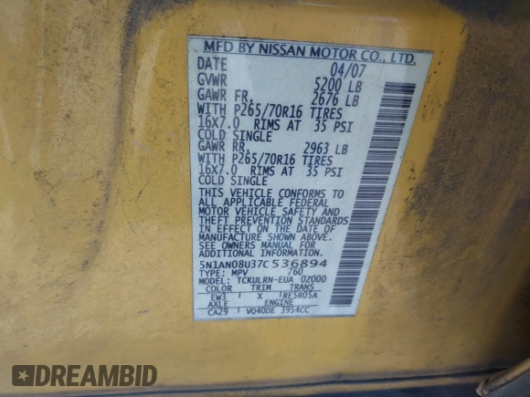 2007 Nissan Xterra S z VIN 5N1AN08U37C536894, wystawiony jako IAAI lot #41450300 z przebiegiem 201 640 mil mil oraz . Historia ofert i sprzedaży dostępna na DreamBid. Obrazek 9.