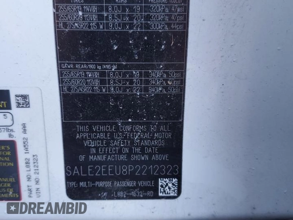 2023 Land Rover Defender X-Dynamic SE with VIN SALE2EEU8P2212323, listed as a Copart auction lot 88882675 with 15,286 mi miles and Salvage Title. Bid and sale history available at DreamBid. Image 13.