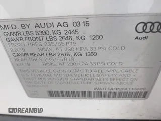 2015 Audi Q5 Premium Plus with VIN WA1LFAFP2FA116626, listed as a IAAI auction lot 42037581 with 113,038 mi miles. Bid and sale history available at carsss.com. Image 9.