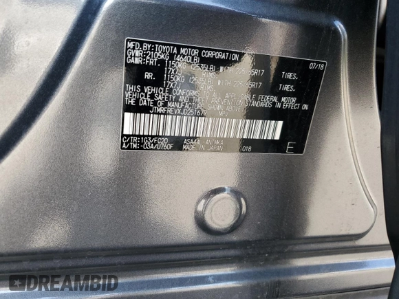 2018 Toyota RAV4 XLE with VIN JTMRFREVXJD251679, listed as a Copart auction lot 49454115 with 48,385 mi miles and Salvage Title. Bid and sale history available at DreamBid. Image 14.