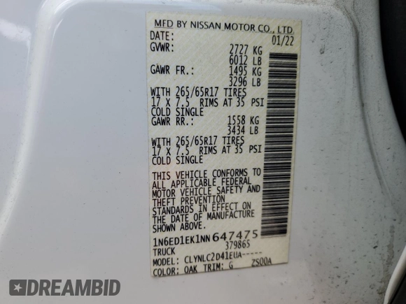 2022 Nissan Frontier SV with VIN 1N6ED1EK1NN647475, listed as a Copart auction lot 58394895 with 47,302 mi miles and Salvage title. Bid and sale history available at DreamBid. Image 7.