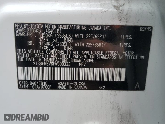 2015 Toyota RAV4 LE with VIN 2T3BFREV6FW390333, listed as a Copart auction lot 63067925 with 170,342 mi miles and Salvage title. Bid and sale history available at DreamBid. Image 13.