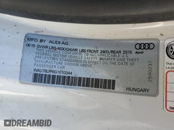 2016 Audi A3 2.0T Premium with VIN WAU78LFF6G1010344, listed as a Copart auction lot 73640494 with 0 mi miles and Salvage Title. Bid and sale history available at carsss.com. Image 13.