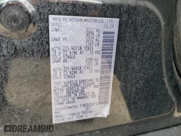 2014 Nissan Rogue SL with VIN 5N1AT2MV5EC780205, listed as a Copart auction lot 49141294 with 180,090 mi miles and Salvage Title. Bid and sale history available at carsss.com. Image 13.