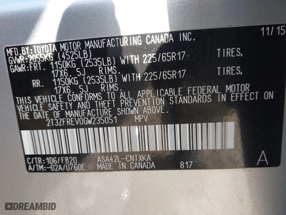 2016 Toyota RAV4 LE with VIN 2T3ZFREV0GW235051, listed as a IAAI auction lot 41750295 with 157,132 mi miles. Bid and sale history available at carsss.com. Image 9.