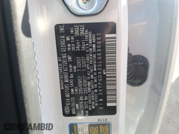 2020 Kia Sorento LX with VIN 5XYPGDA35LG690661, listed as a Copart auction lot 48362075 with 30,237 mi miles and Salvage Title. Bid and sale history available at DreamBid. Image 13.