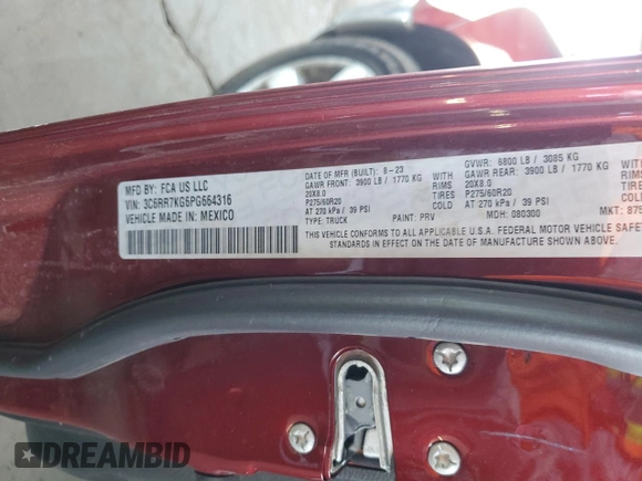 2023 Ram 1500 Tradesman с VIN 3C6RR7KG6PG664316, выставлен на аукционе Copart как лот 81633184 с пробегом 6 383 миль миль и Списание • Salvage title. История ставок и продаж доступна на DreamBid. Изображение 13.