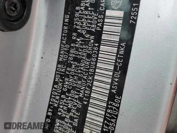 2011 Toyota Camry LE with VIN 4T1BF3EK1BU660364, listed as a Copart auction lot 58449715 with 141,879 mi miles and Salvage title. Bid and sale history available at DreamBid. Image 12.